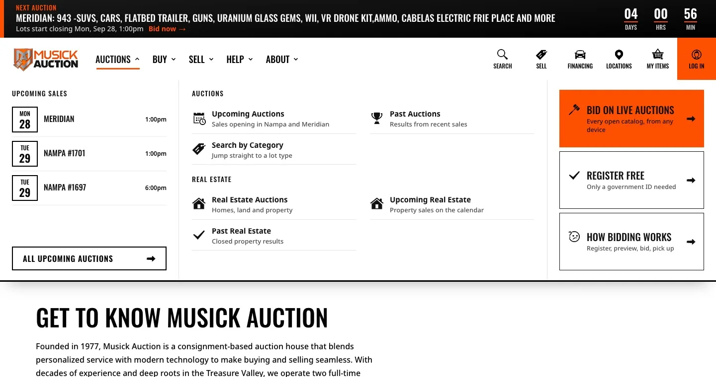 New Musick header with a next-sale countdown strip and a wide Auctions panel listing the next three sales