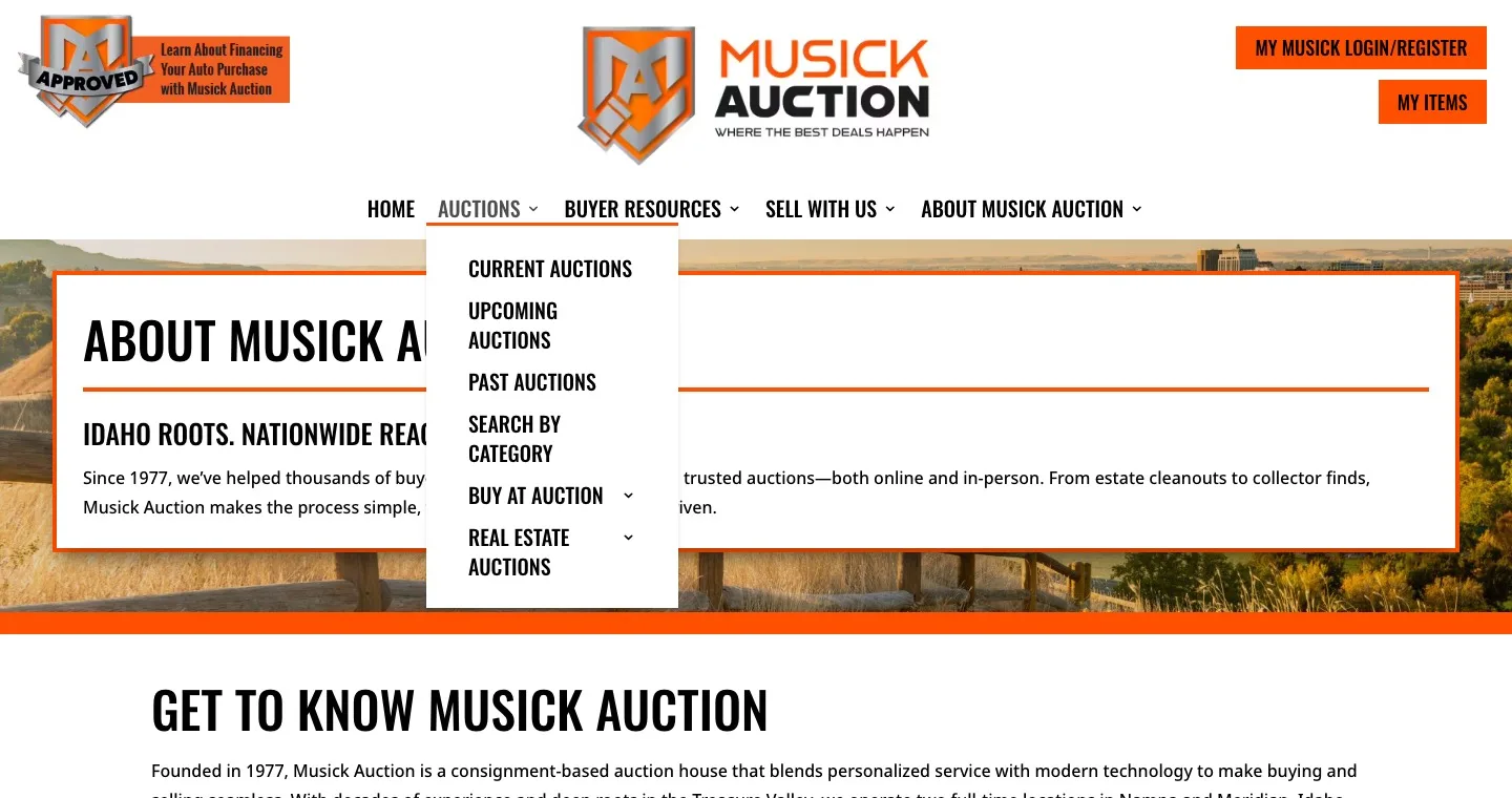 Old Musick header with a large logo, account buttons and a narrow Auctions dropdown