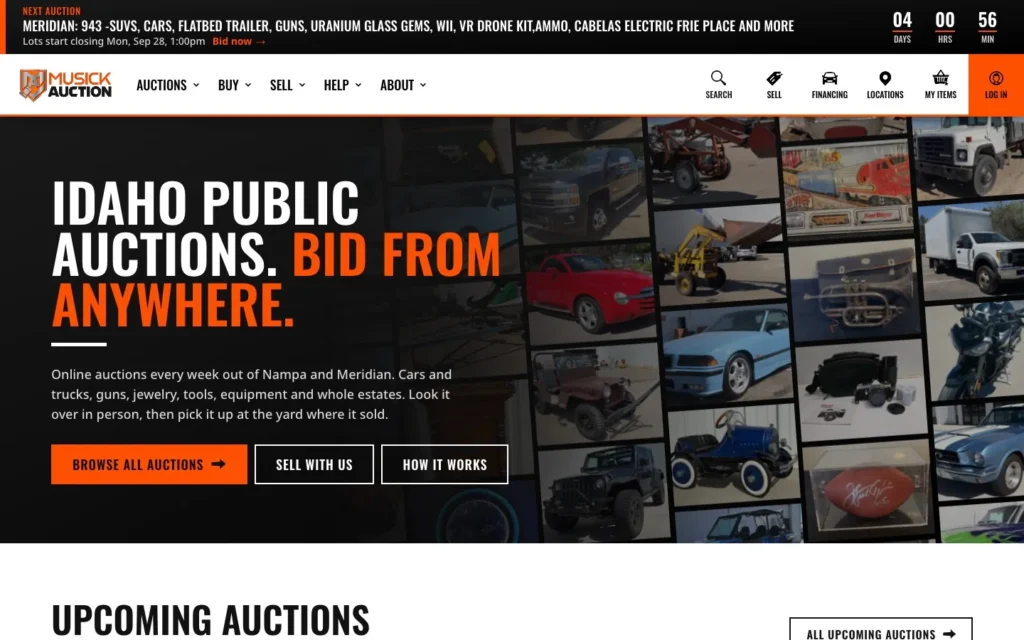Musick Auction website homepage with a live auction countdown and a wall of lot photos