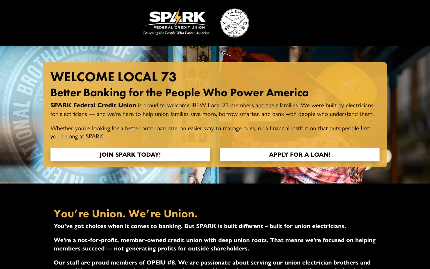 SPARK welcome page for IBEW Local 73 members