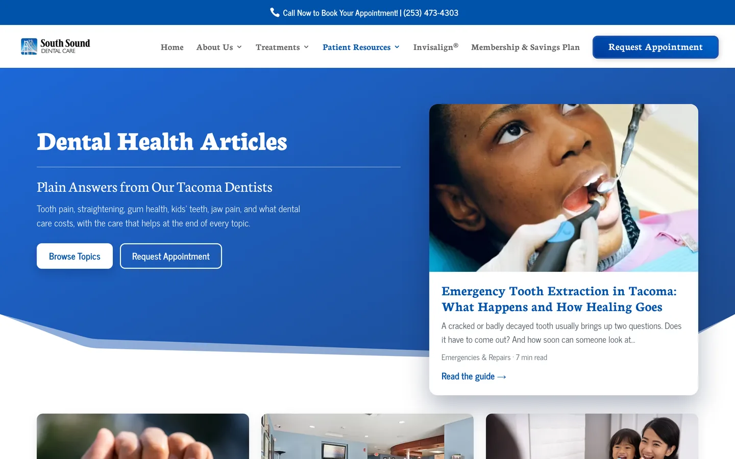 New Dental Health Articles hub with a featured emergency guide and topic sections