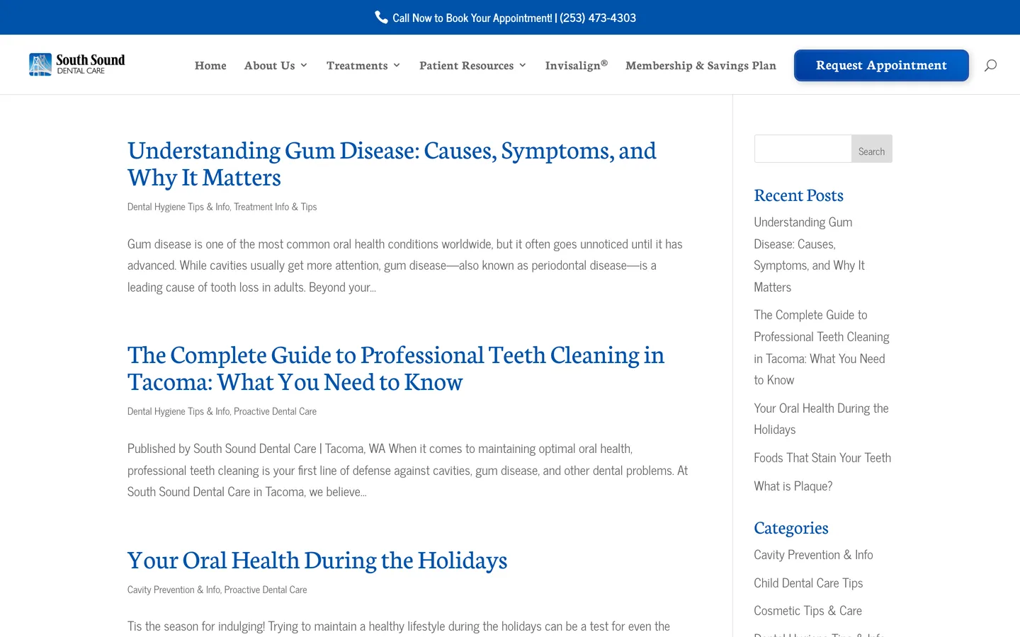 Old South Sound Dental Care blog page with a plain list of posts