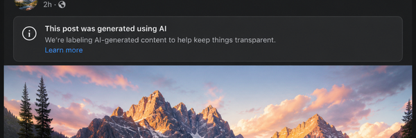 A social media post labeled This post was generated using AI above a mountain landscape photo