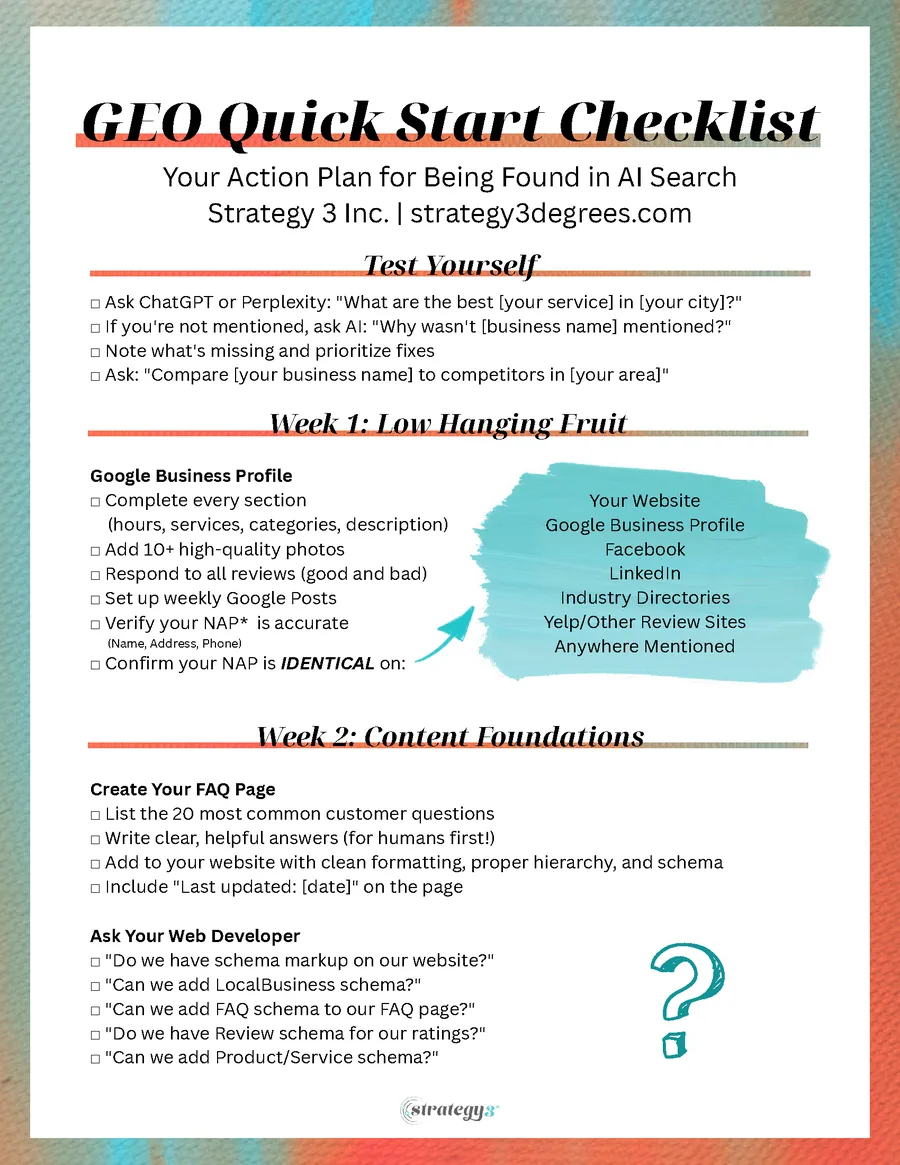 First page of the GEO Quick Start Checklist from Strategy 3