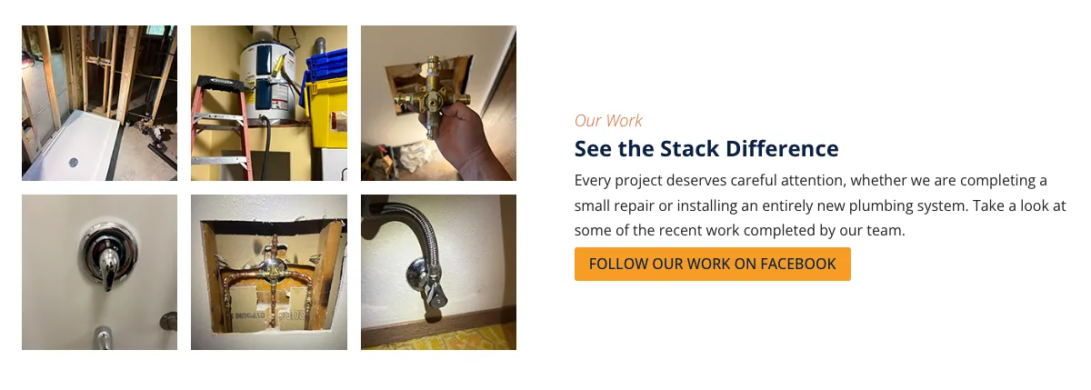Stack website gallery of recent jobs: a shower install, a water heater, valves and fixtures