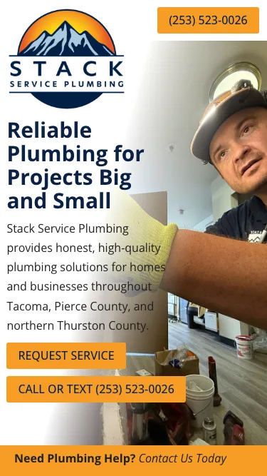 Stack homepage on a phone, with the phone number at the top and Request Service and Call or Text buttons under the headline
